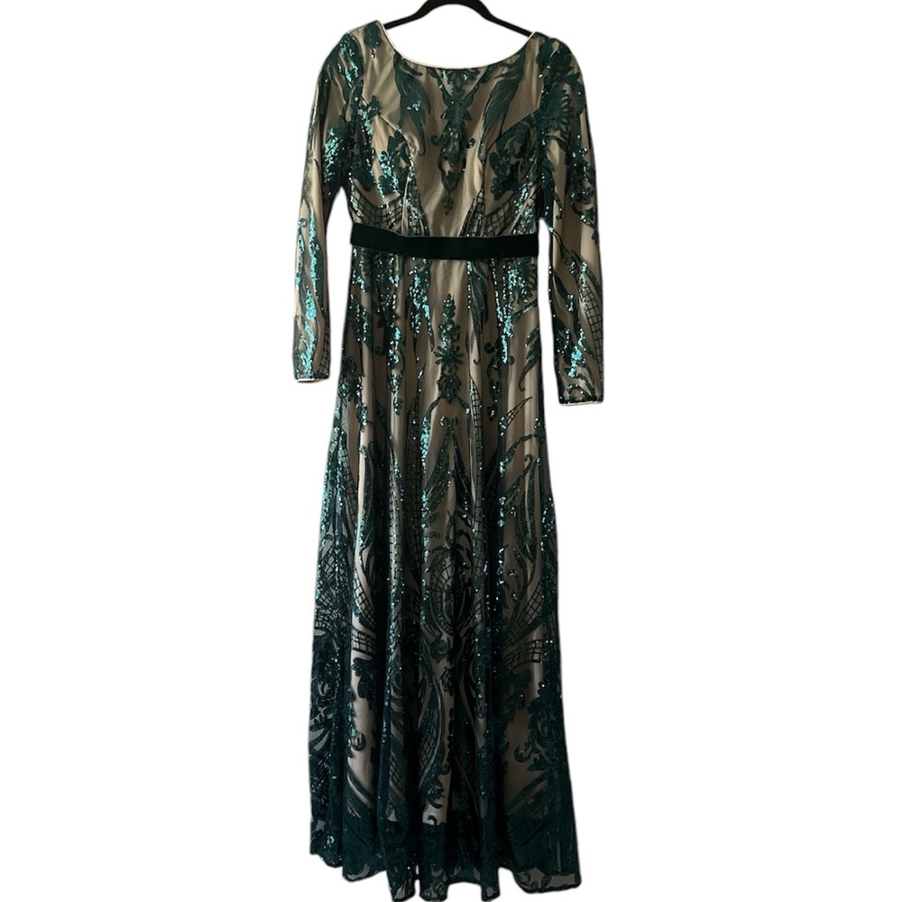 Giffniseti sequin velvet long sleeve green prom wedding maxi dress size M